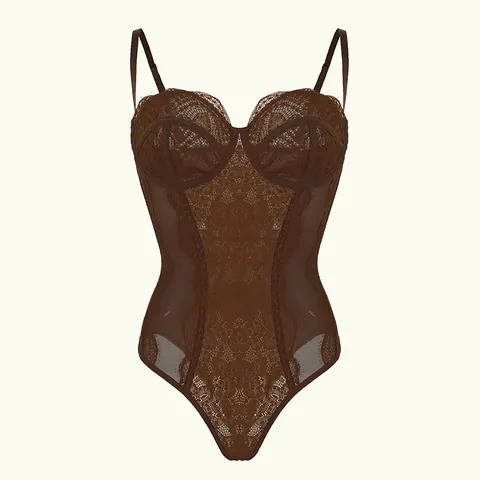 Body Femme Sexy en Dentelle et Maille Patchwork Corset en Os de Poisson Minceur Bretelles Réglables Haut Sans Manches Café