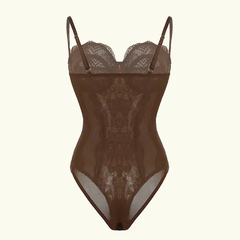 Body Femme Sexy en Dentelle et Maille Patchwork Corset en Os de Poisson Minceur Bretelles Réglables Haut Sans Manches Café