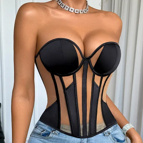 French Vintage Mesh Patchwork Polyester Nylon Corset Bone Bustier Top Sexy Strapless Tube Top Backless Lacing Waist Vest