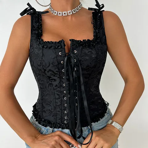 Top Corsetto Gotico Vintage da Donna Jacquard Stringato Push-up Bustier Stile Palazzo Doppia Spallina Fiocco Vita