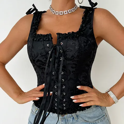 Top Corsetto Gotico Vintage da Donna Jacquard Stringato Push-up Bustier Stile Palazzo Doppia Spallina Fiocco Vita