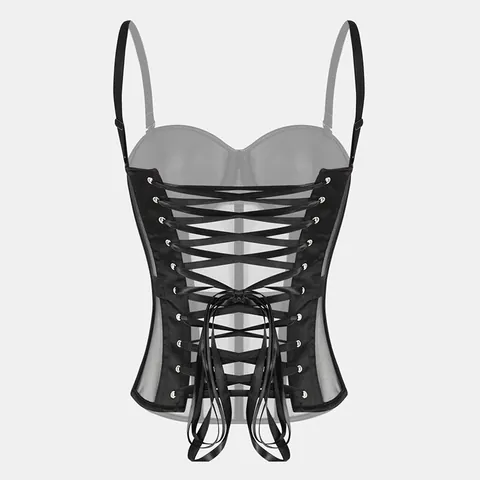 Women Sexy Mesh Patchwork Corset Top Underwired Boning Bustier Vest Slimming Back Lace Up Sleeveless Tube Top For Party