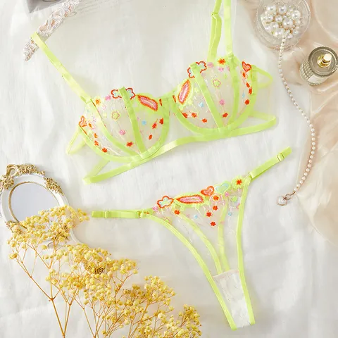 Lingerie Sexy Femme Maille Transparente Polyester Top And Bottom Broderie Florale Fluorescente Soutien-Gorge à Armatures Et String