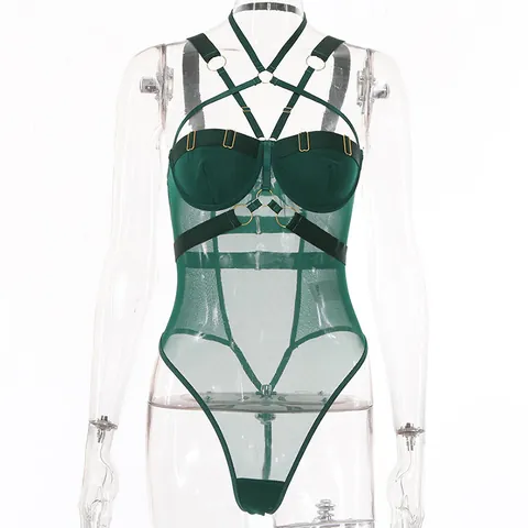 Vrouwen Sexy Bodysuit Mesh Halter Kruis Riem Bodysuit Slanke Pasvorm Metalen Ring Ademend Lingerie Polyester Eendelig Ondergoed