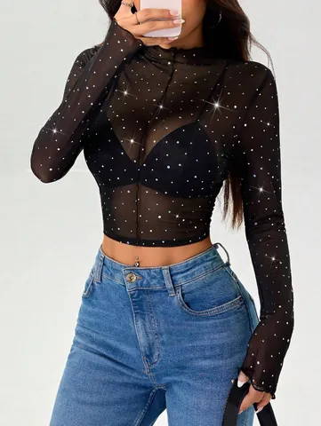 Camiseta Sexy de Malla con Lentejuelas para Mujer Cuello Alto Manga Larga Crop Top Transparente Ajuste Delgado Color Sólido