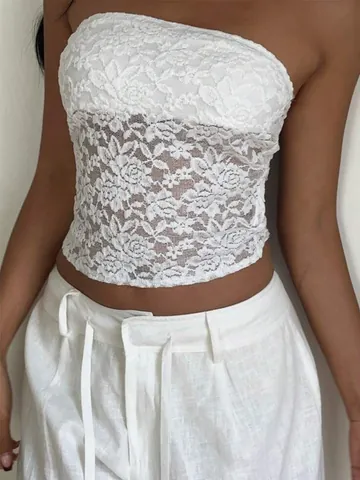 Women Sexy White Lace Tube Top Slim Fit Sleeveless Floral Mesh Crop Top For Summer Vacation Party Casual Clothing