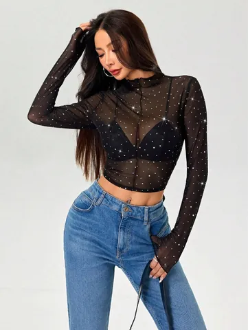 Camiseta Sexy de Malla con Lentejuelas para Mujer Cuello Alto Manga Larga Crop Top Transparente Ajuste Delgado Color Sólido