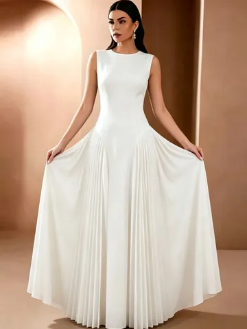 Dames Elegante Mouwloze Geplooide Maxi Jurk Vierkante Hals Hoge Taille A-Lijn Bruiloft Feest Banket Avondjurk Polyester Effen Kleur