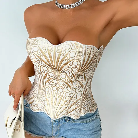 Corsetto Retro Palazzo da Donna Top Bustier a Cuore Senza Spalline Modellante con Stringhe sulla Schiena per Feste