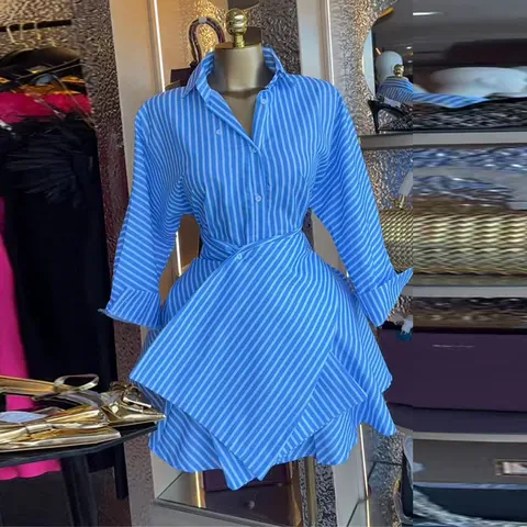 Women Blue White Striped Shirt Dress Polyester Lapel Long Sleeve High Waist A-Line Slim Short Skirt Casual Sweet Fashion