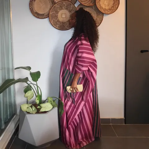 Women's African Plus Size Kaftan Maxi Dress V Neck Contrast Stripe Loose Fit Bohemian Seven-Quarter Sleeve Casual Dress
