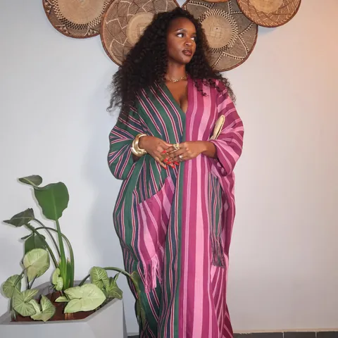 Women's African Plus Size Kaftan Maxi Dress V Neck Contrast Stripe Loose Fit Bohemian Seven-Quarter Sleeve Casual Dress