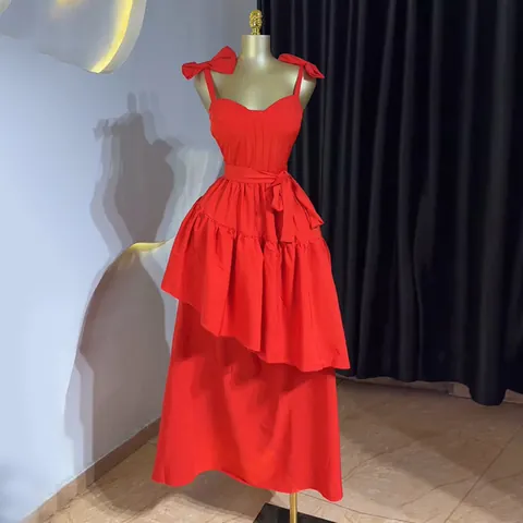 Robe Midi Femme à Bretelles à Nœud Taille Haute Ourlet Irrégulier Élégante Sans Manches Robe de Soirée Unie