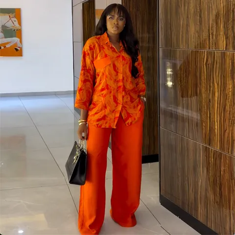 Women's Floral Print Polyester Two Piece Set Lapel 3/4 Sleeve Shirt And High Waist Straight Leg Pants Top And Bottom Set