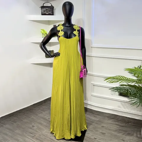 Women Backless Pleated Maxi Dress Elegant 3D Floral Strap V-Neck Sleeveless Polyester Long Dress For Party Vacation
