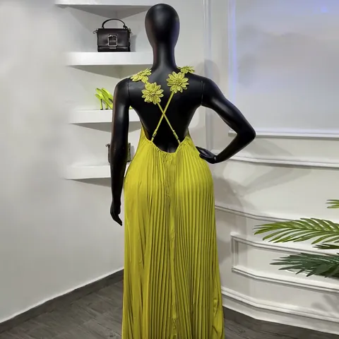 Women Backless Pleated Maxi Dress Elegant 3D Floral Strap V-Neck Sleeveless Polyester Long Dress For Party Vacation
