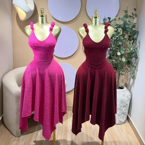 Completo Estivo da Donna In Poliestere Top And Bottom Scollo a V Senza Maniche Top Plicsettato E Gonna Midi Irregolare Strass Tinta Unita