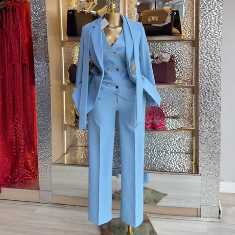 Women Elegant Polyester 3 Piece Suit Set Long Sleeve Blazer Vest Trousers Solid Color Office Business Commuter Outfits