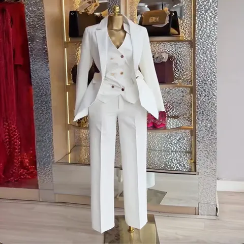 Women Elegant Polyester 3 Piece Suit Set Long Sleeve Blazer Vest Trousers Solid Color Office Business Commuter Outfits