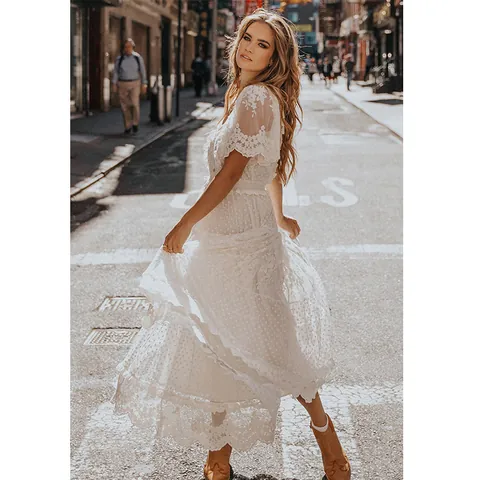 Women V-Neck Lace Patchwork Maxi Dress Bohemian Short Sleeve Embroidery Ruffle Tiered White Polyester Elegant Vacation Long Dress