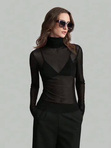Camiseta de Malla Ajustada para Mujer de Manga Lunga Top Elegante Color Sólido Cuello Alto Poliéster Capa Base Transparente