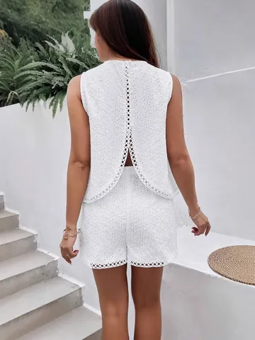 Women Backless Eyelet Embroidery Top And Bottom Set Summer Sleeveless Rayon Shorts Set For Vacation Casual Beachwear