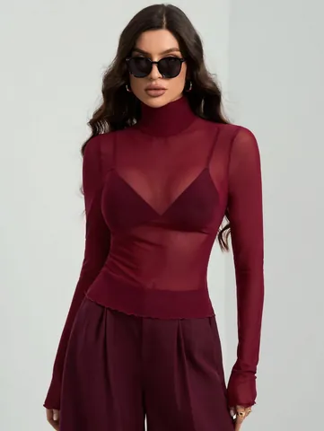 Camiseta de Malla Ajustada para Mujer de Manga Lunga Top Elegante Color Sólido Cuello Alto Poliéster Capa Base Transparente