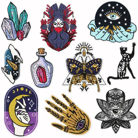 Mystic Witch Embroidery Patch Polyester Fabric Iron On Sew On Badge Gothic Evil Eye Butterfly Black Cat Patch For DIY Clothing Backpack Decor