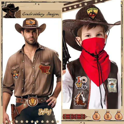 Western Cowboy Embroidery Patches Collection Brown Retro Iron On Patches For Clothing Hats Jackets Embroidery Applique Badges DIY Decoration