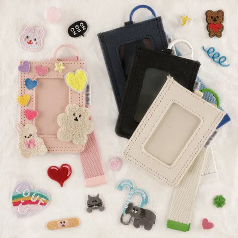 DIY Embroidered Patch Canvas ID Card Holder Keychain Lanyard Set For Women Teens Korean Style Polyester Fabric Accessory