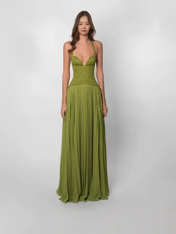 Vestido Maxi Sexy Con Espalda Descubierta Y Cuello Halter Largo Plisado De Encaje Corsé Con Escote En V Para Mujer Fiesta