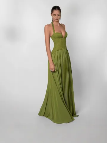 Vestido Maxi Sexy Con Espalda Descubierta Y Cuello Halter Largo Plisado De Encaje Corsé Con Escote En V Para Mujer Fiesta