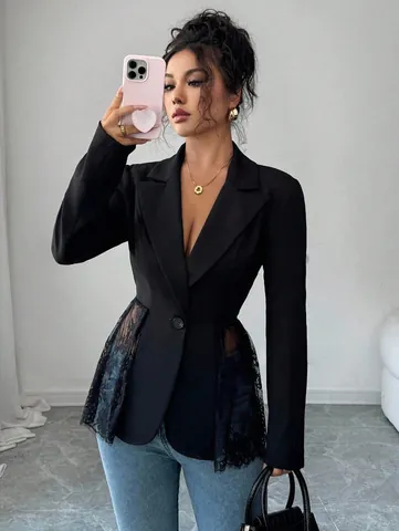 Women Lace Splicing Blazer Slim Fit A-Line Suit Jacket Single Button Notched Lapel Commute Elegant Polyester Outerwear Coat