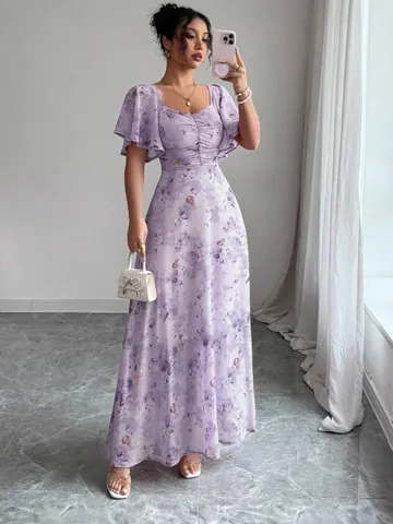 Women Floral Butterfly Print Flutter Sleeve Maxi Dress Polyester Smocked V Neck Ruffle Hem Slim Fit Summer Elegant Chiffon Gown