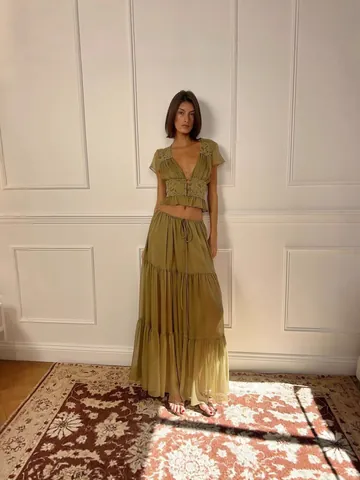 Dames Sexy Chiffon Strand Cover-Up Set Kant Patchwork Top And Bottom Gelaagde Maxi Rok Vakantie Boheemse Resort Kleding