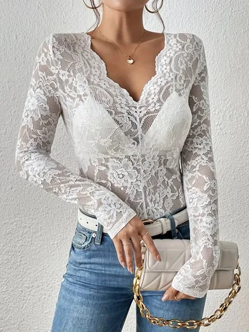 Top da Donna Sexy Trasparente in Pizzo Floreale Scollo a V Manica Lunga Bordo a Festone Aderente Maglia a Rete