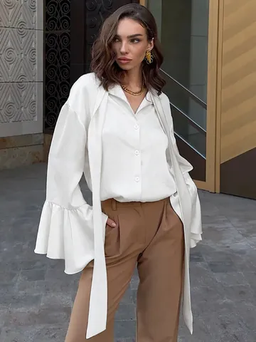 Women Elegant Satin Pussy Bow Blouse Ruffle Bell Sleeve Top Solid Color Long Sleeve Button Down Shirt Office Lady Apparel