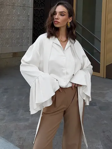 Women Elegant Satin Pussy Bow Blouse Ruffle Bell Sleeve Top Solid Color Long Sleeve Button Down Shirt Office Lady Apparel