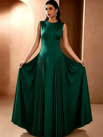 Dames Elegante Mouwloze Geplooide Maxi Jurk Vierkante Hals Hoge Taille A-Lijn Bruiloft Feest Banket Avondjurk Polyester Effen Kleur
