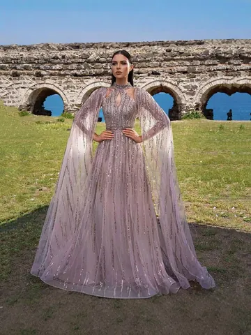 Elegant Sequin Tassel Mesh Evening Gown Long Cape Sleeve Satin High Neck Keyhole Formal Party Dress Women Banquet Maxi Gown