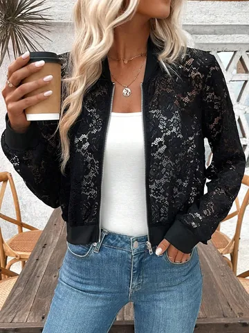 Women Elegant Floral Jacquard Lace See Through Zipper Short Jacket Top Polyester Long Sleeve Outerwear For Daily Party