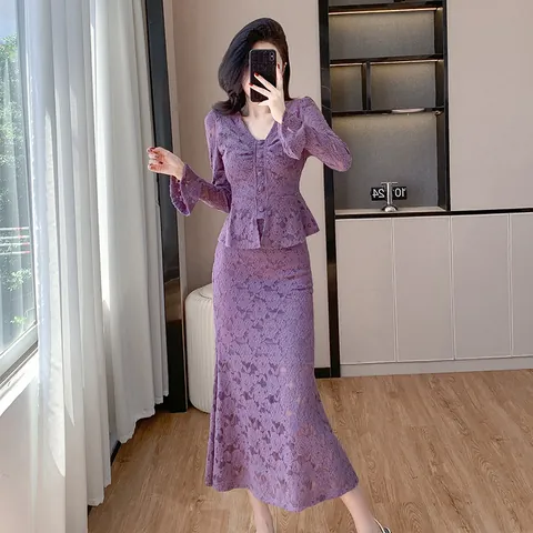 Damen V-Ausschnitt Glockenärmel Spitze Oberteil Und Fischschwanz Rock Elegant Koreanischer Stil Slim Fit Dating Outfit Für Damen