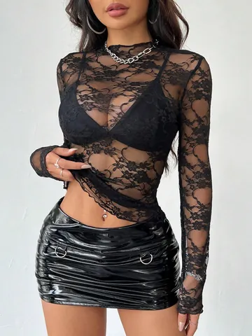 Elegantes Damen Langarmshirt mit Blumenmuster aus Spitze Sexy Stehkragen Rüschensaum Slim Fit Durchsichtiges Mesh Oberteil Frühling