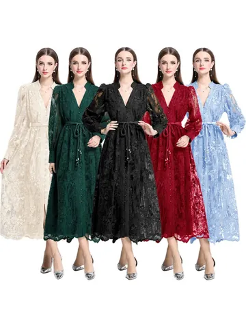 Robe en Polyester Brodée Élégante Française Avec Col en V Pour Femmes Robe Maxi Vintage à Manches Lanterne