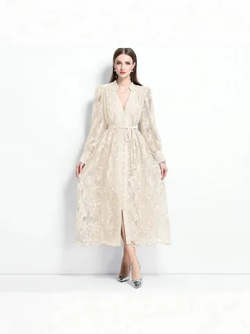 Robe en Polyester Brodée Élégante Française Avec Col en V Pour Femmes Robe Maxi Vintage à Manches Lanterne