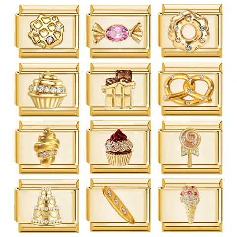 Edelstahl Italienisches Modulares Armband DIY Charms Vergoldet Nachtisch Essen Thema Emaille Strass Elastisches Glied Für Damen Herren Schmuck