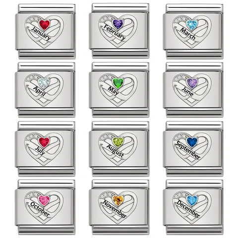 Roestvrij Staal Strass Hart Italiaanse Modulaire Armband Charm Link Geboortesteen Serie Januari Tot December Voor DIY Sieraden