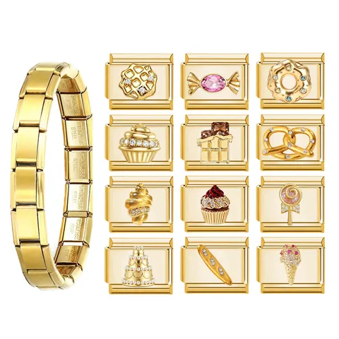 Edelstahl Italienisches Modulares Armband DIY Charms Vergoldet Nachtisch Essen Thema Emaille Strass Elastisches Glied Für Damen Herren Schmuck