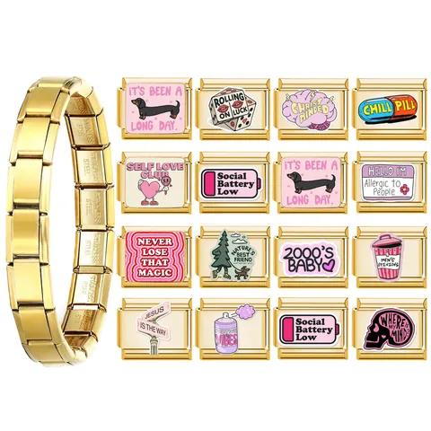 Gold Stainless Steel Italian Modular Bracelet Charm Link DIY Slang Phrases Personality Fashion Jewelry Replacement Links For Unisex