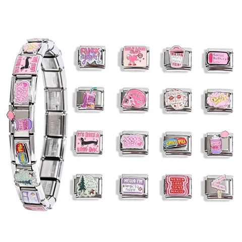Italienisches Charm-Armband Modulares Glied Edelstahl Emaille DIY Slogan Glied Cartoon Herz Puzzle Schmuck Für Damen Herren